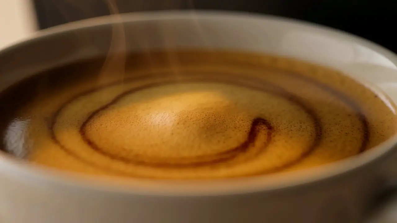 Close detail of fresh crema swirling in a white cup.