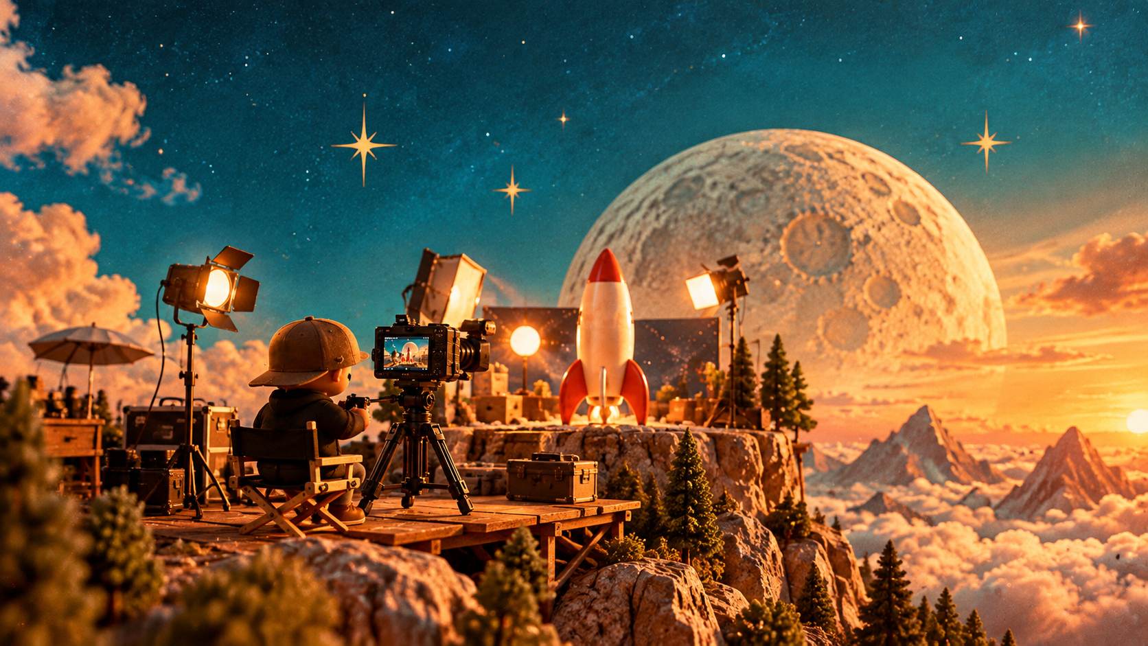 A miniature filmmaker in a brown cap sits in a director's chair on a wooden set high above the clouds, filming a red-and-cream rocket under studio lights, with a huge moon and golden-hour mountains behind.