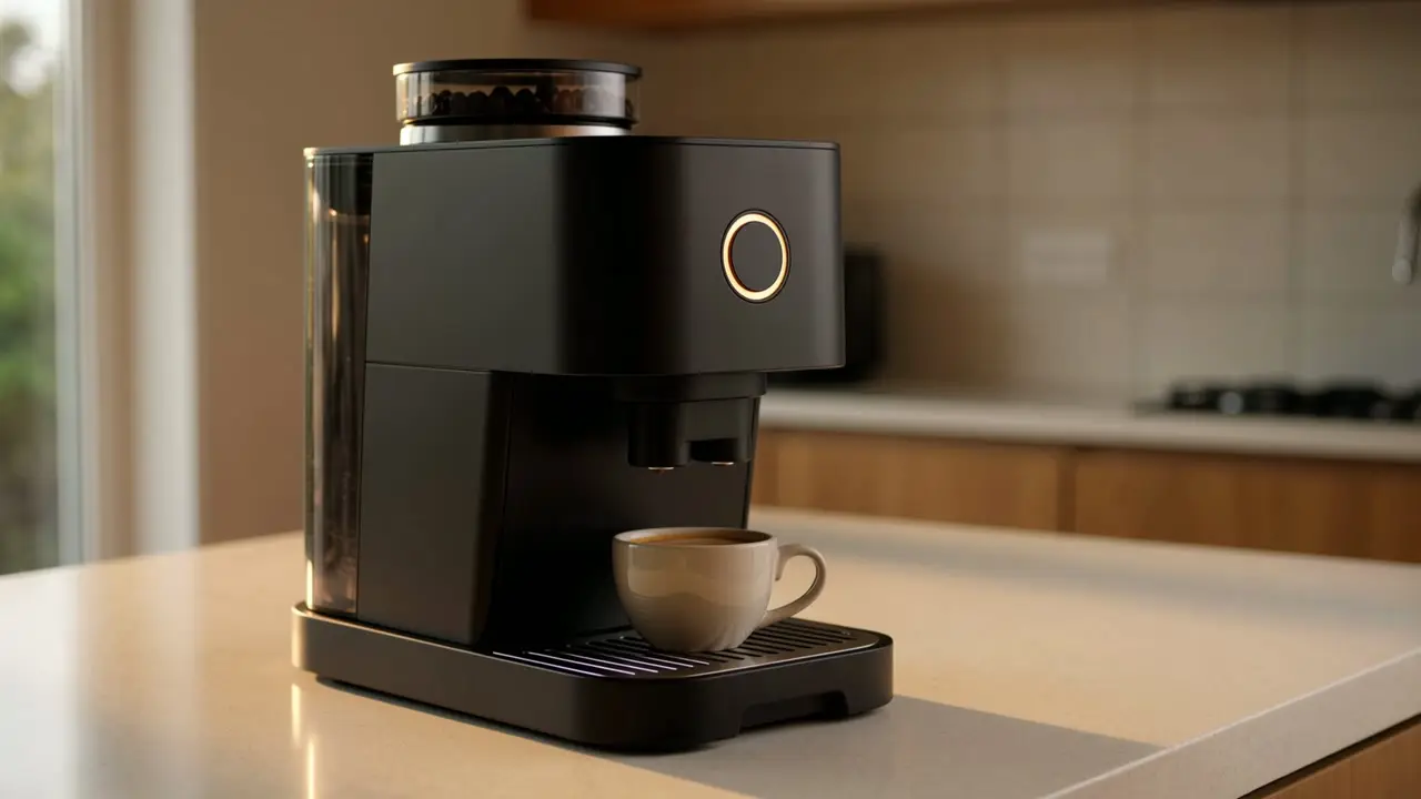 A matte black coffee machine on a sunlit kitchen counter.