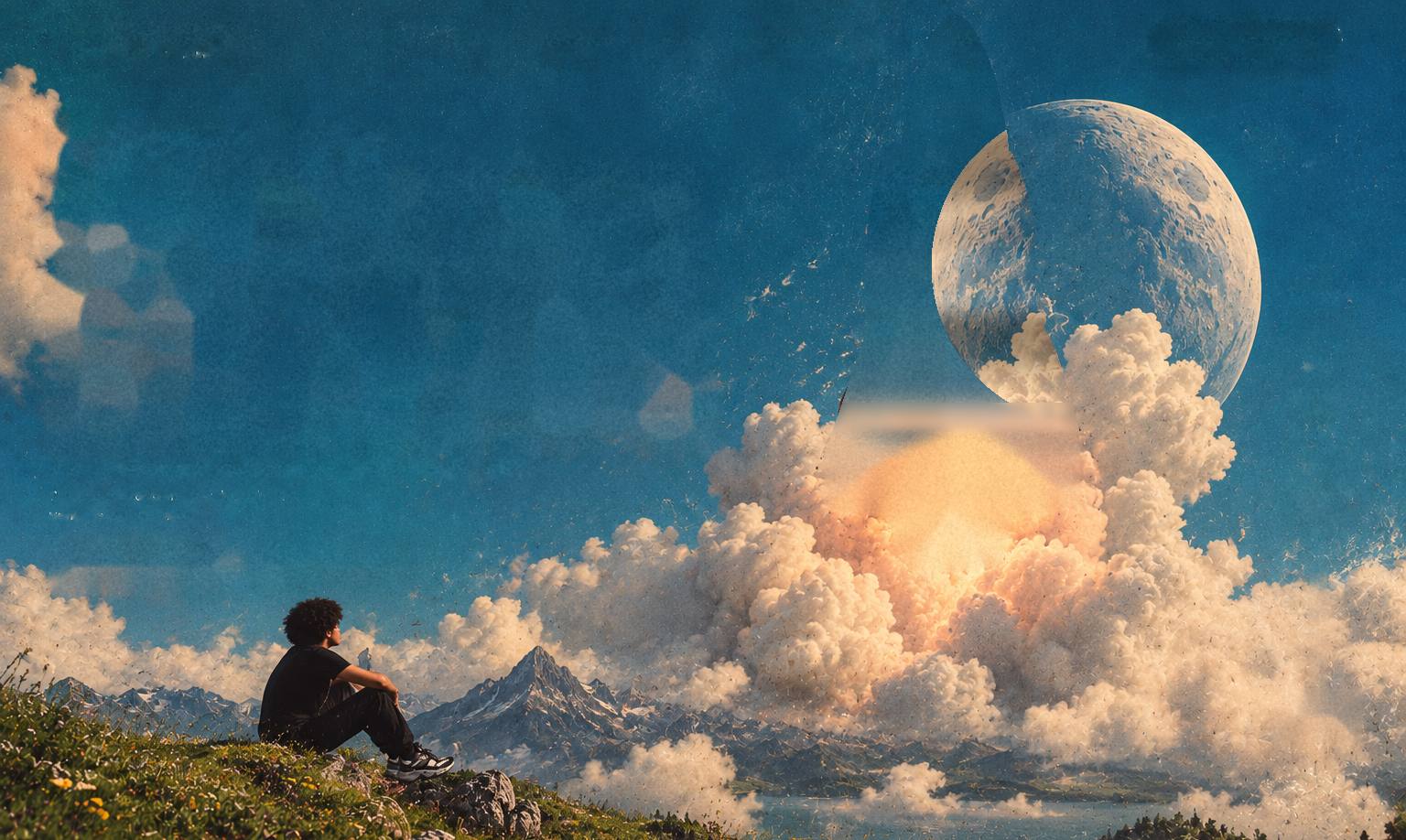 Illustration of a vintage orange-and-cream rocket launching over snowy mountains and clouds while David sits on a grassy hillside watching it.