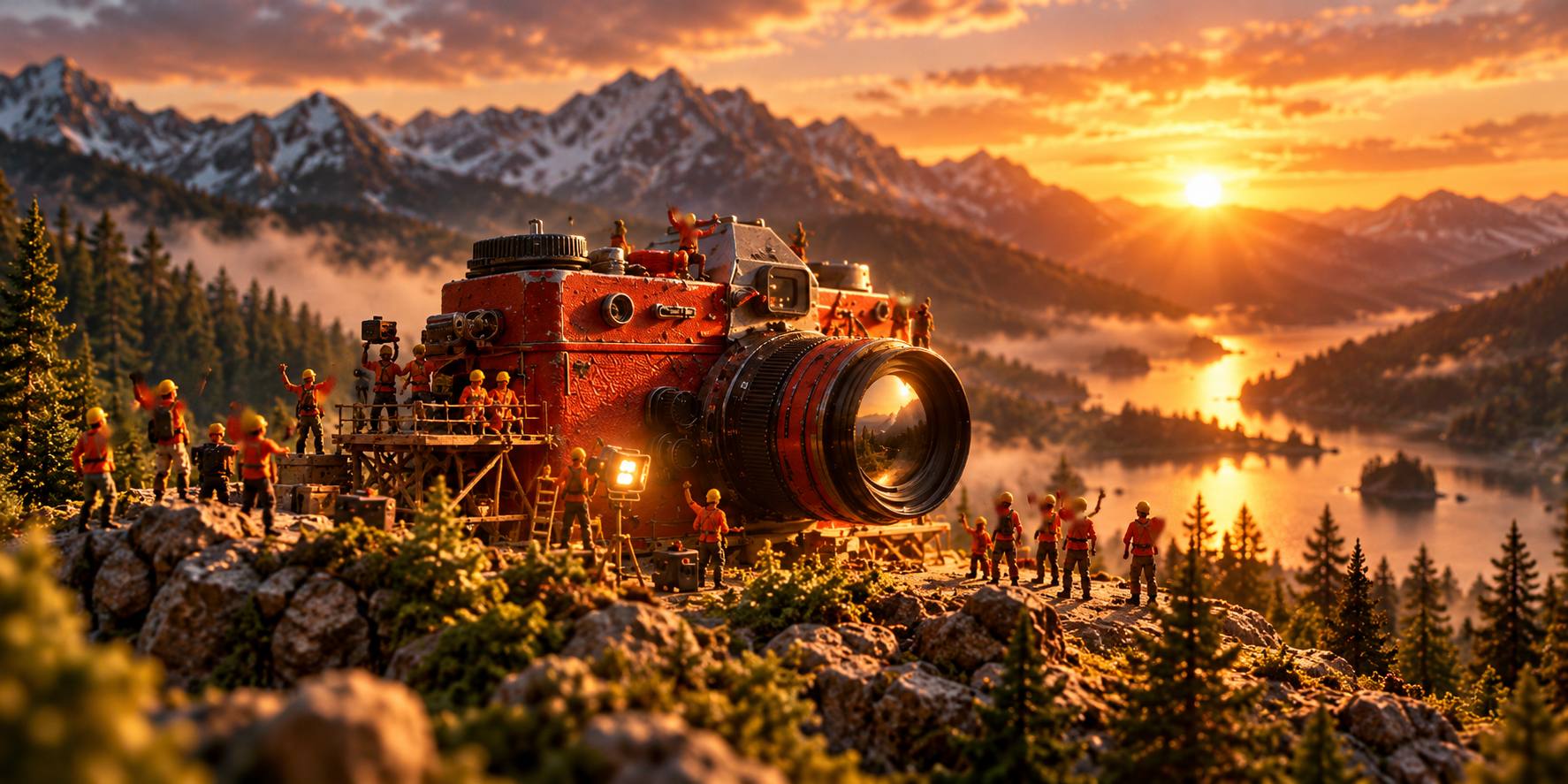 The finished red camera rests on a rocky mountain ridge at sunset, its lens catching the light, while the miniature crew stands on the rocks around it and waves.