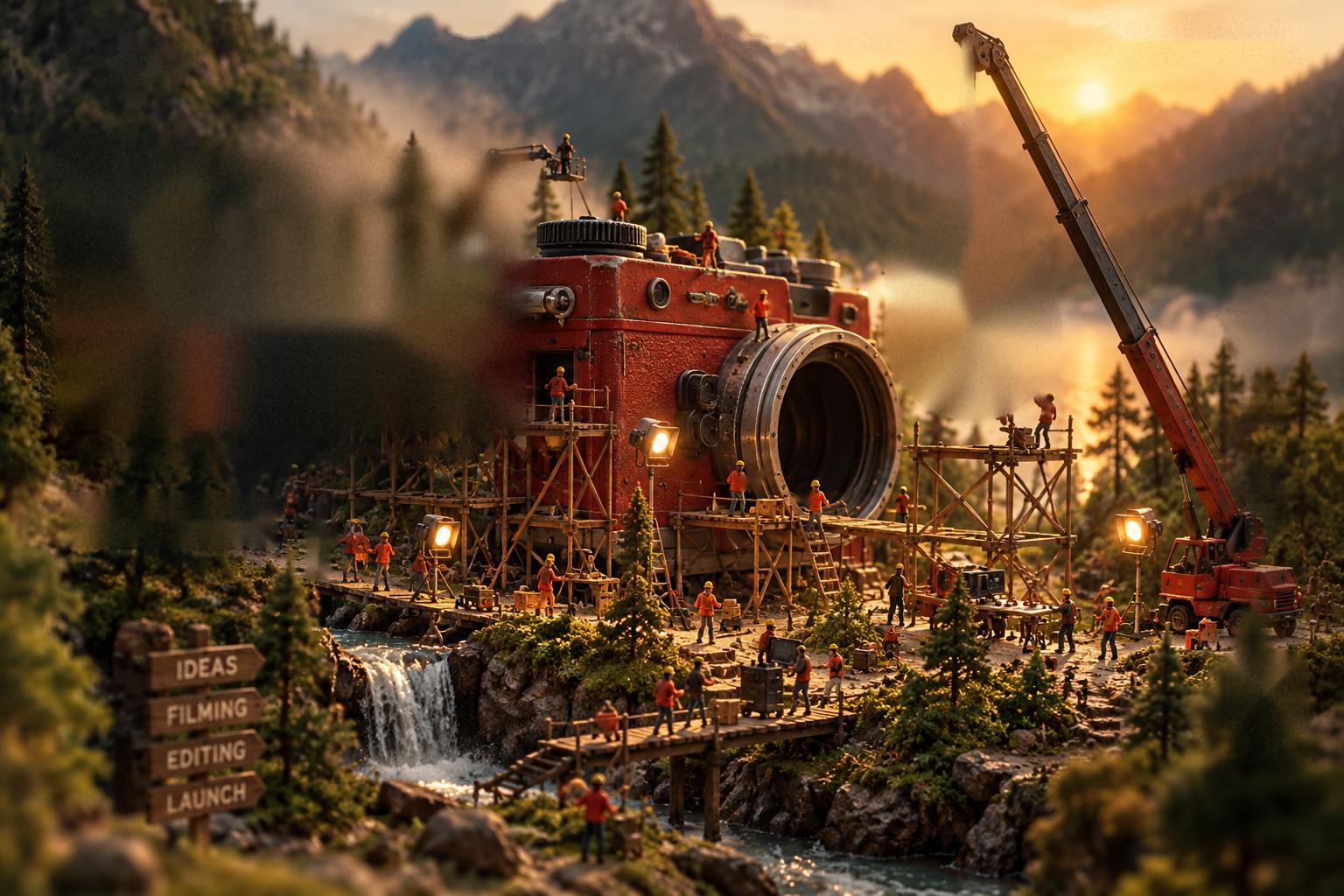 A miniature film set in a forest at sunset: tiny construction workers on wooden scaffolding assemble an enormous weathered red vintage camera while a crane holds its lens.