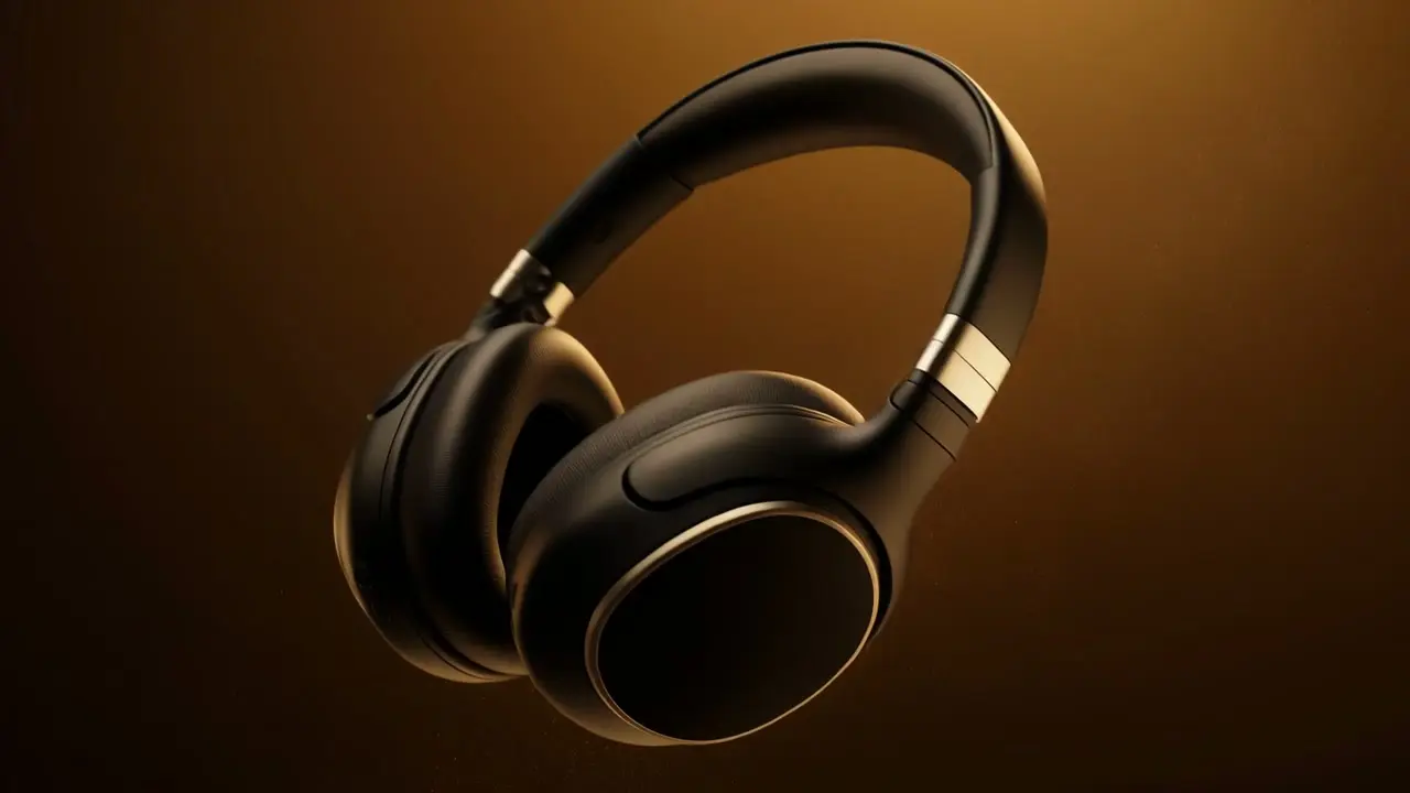 A frame from the edit: black headphones floating in warm golden light.