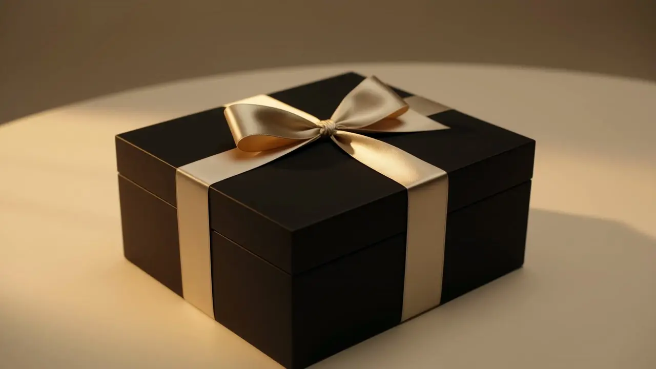 A black gift box tied with a cream ribbon on a round table in warm late light.